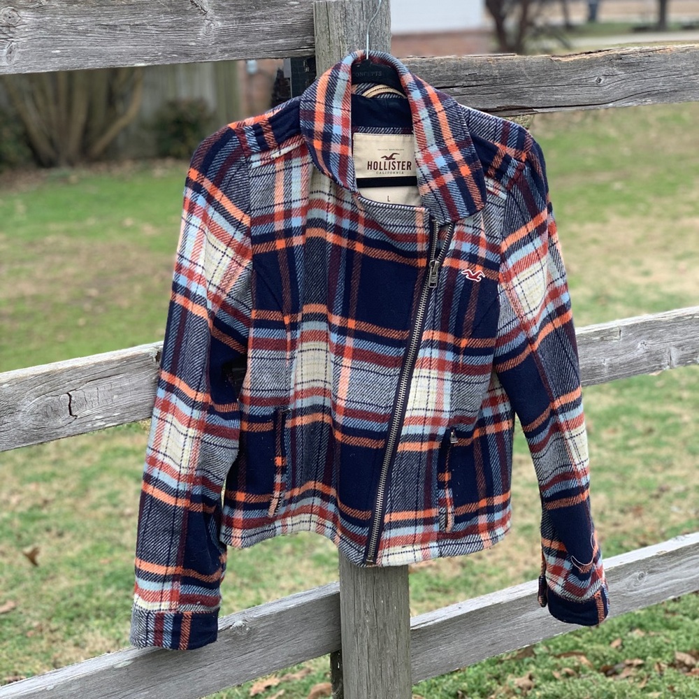 Hollister Blazer/Jacket Corduroy Plaid LG Navy Womens Pocket/Zipper Closure